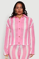 Womens Plus Daisy Striped Crochet Shirt, Pink,
