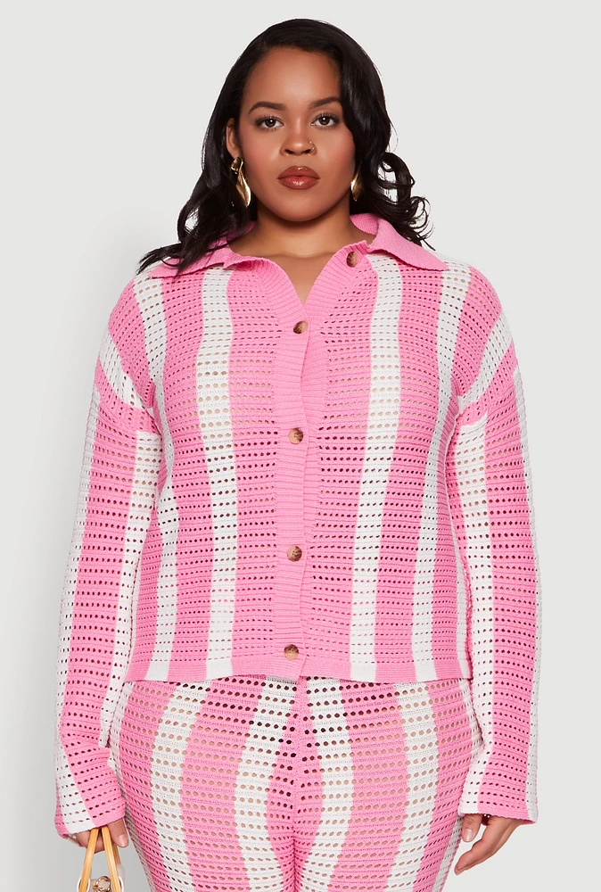 Womens Plus Size Daisy Striped Crochet Shirt, Pink, Size 1X