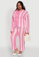 Womens Plus Daisy Striped Crochet Shirt, Pink,