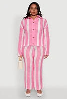Womens Plus Daisy Striped Crochet Shirt, Pink,
