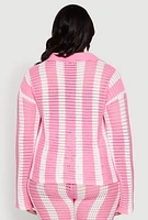 Womens Plus Daisy Striped Crochet Shirt, Pink,
