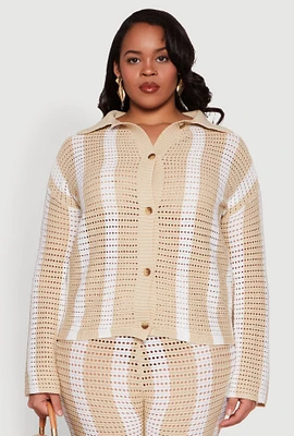Womens Plus Daisy Striped Crochet Shirt,