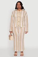 Womens Plus Size Daisy Striped Crochet Shirt, Beige, Size 1X