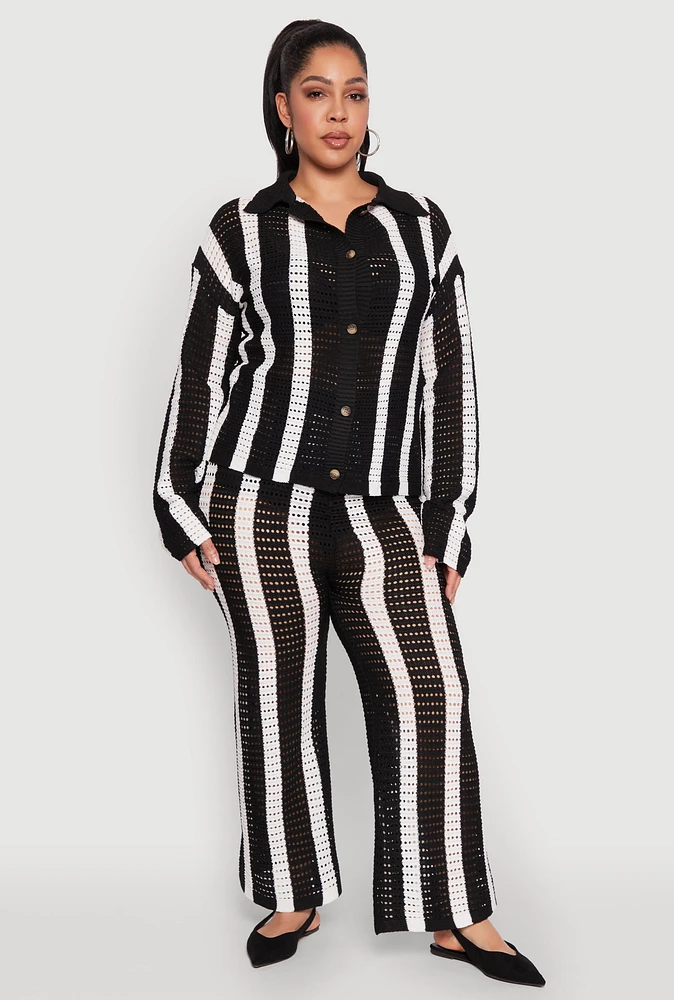 Womens Plus Size Daisy Striped Crochet Pants, Black, Size 3X