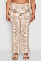 Womens Plus Size Daisy Striped Crochet Pants, Khaki, Size 1X