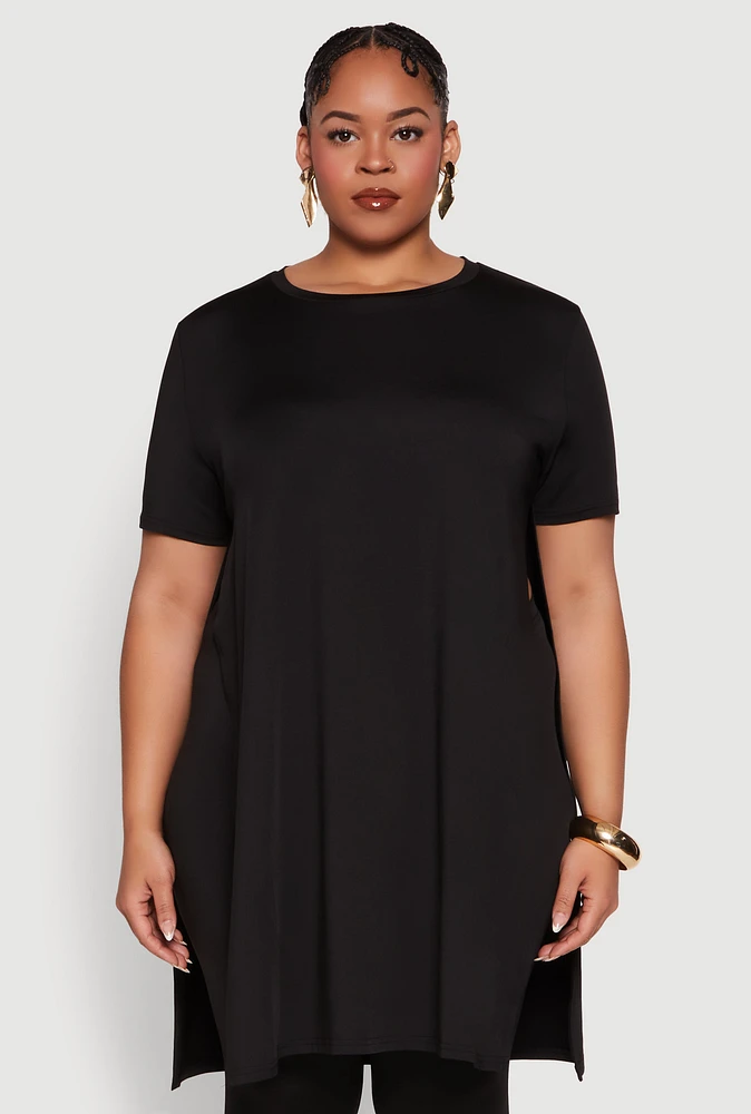 Womens Plus Daisy Side Slit Crew Neck Tunic Top,