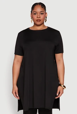 Womens Plus Daisy Side Slit Crew Neck Tunic Top,
