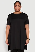 Womens Plus Daisy Side Slit Crew Neck Tunic Top,