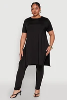 Womens Plus Daisy Side Slit Crew Neck Tunic Top,