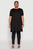 Womens Plus Daisy Side Slit Crew Neck Tunic Top,