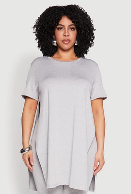 Womens Plus Size Daisy Side Slit Crew Neck Tunic Top, Grey, Size 3X