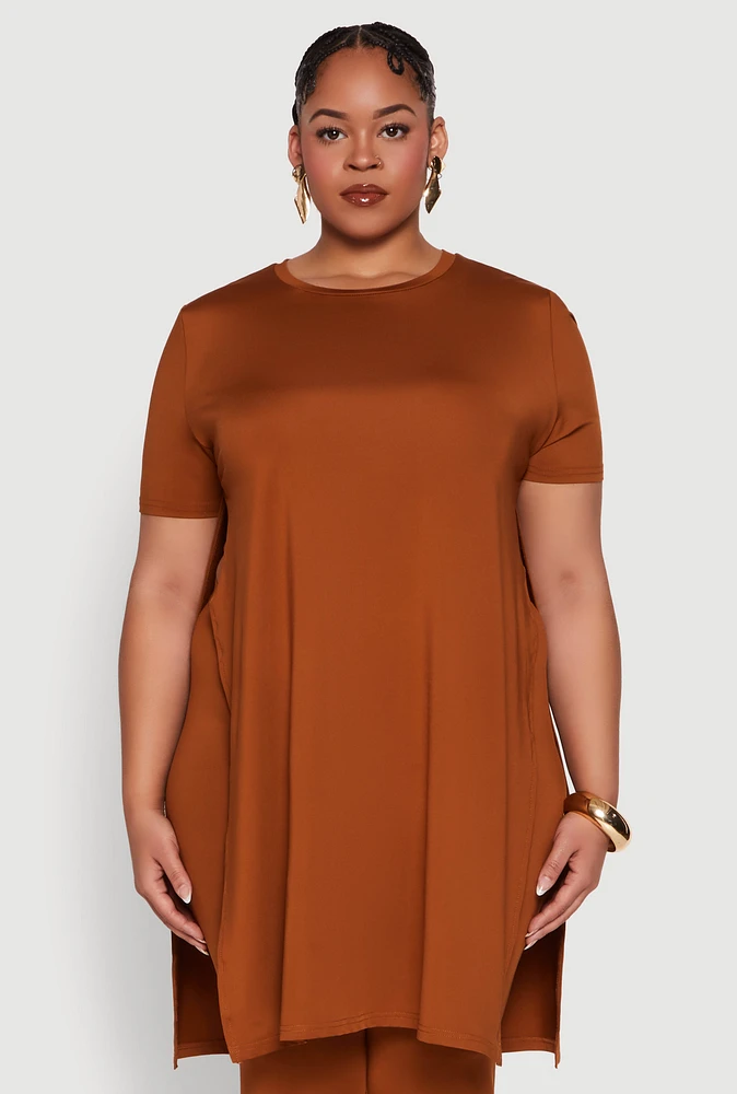 Womens Plus Daisy Side Slit Crew Neck Tunic Top,