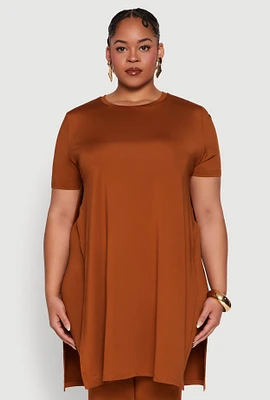 Womens Plus Daisy Side Slit Crew Neck Tunic Top,