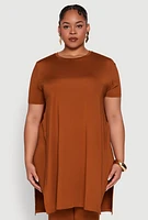 Womens Plus Daisy Side Slit Crew Neck Tunic Top,