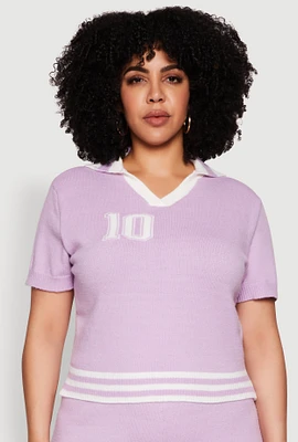 Womens Plus Size Daisy 10 Graphic Varsity Stripe Crop Top, Purple, Size 3X
