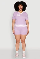 Womens Plus Size Daisy 10 Graphic Varsity Stripe Crop Top, Purple, Size 3X