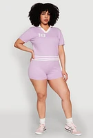 Womens Plus Size Daisy 10 Graphic Varsity Stripe Crop Top, Purple, Size 3X
