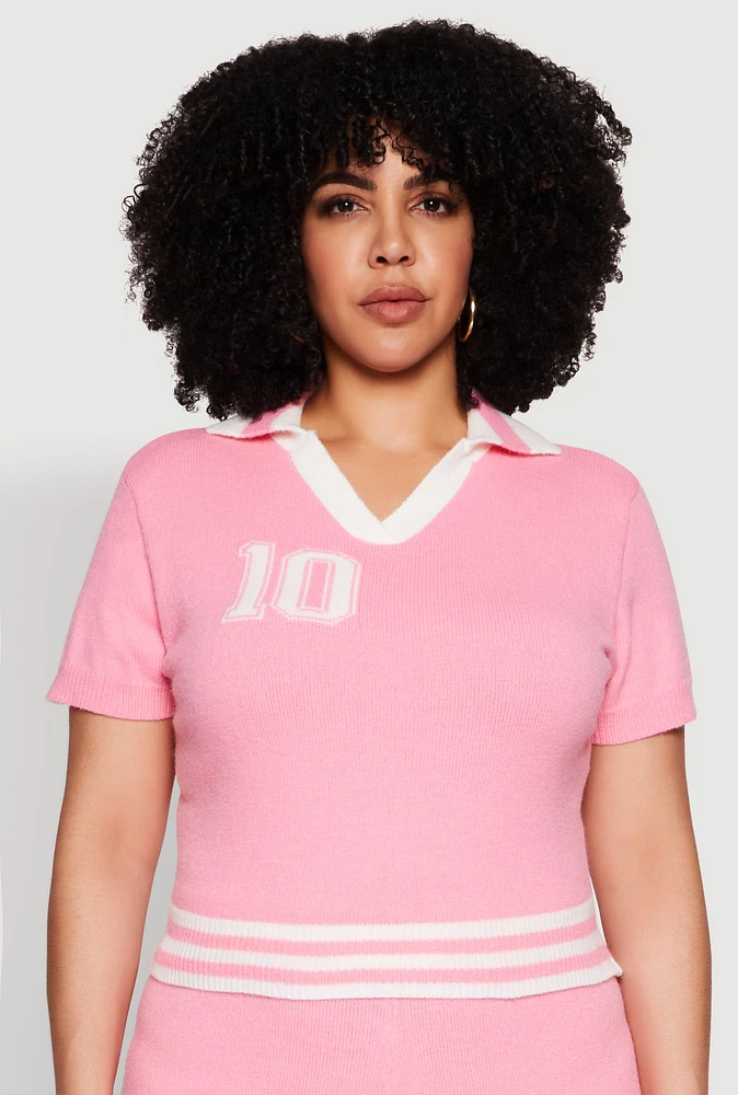Womens Plus Size Daisy 10 Graphic Varsity Stripe Crop Top, Pink, Size 3X
