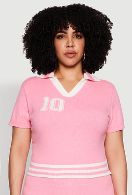 Womens Plus Size Daisy 10 Graphic Varsity Stripe Crop Top, Pink, Size 3X