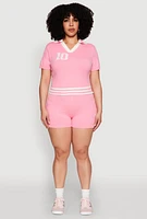 Womens Plus Size Daisy 10 Graphic Varsity Stripe Crop Top, Pink, Size 3X
