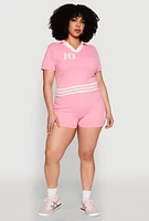 Womens Plus Size Daisy 10 Graphic Varsity Stripe Crop Top, Pink, Size 3X