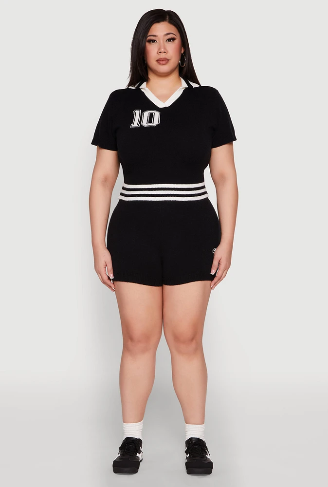 Womens Plus Daisy 10 Graphic Varsity Stripe Shorts, 1X