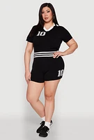 Womens Plus Daisy 10 Graphic Varsity Stripe Shorts, 1X