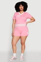 Womens Plus Size Daisy 10 Graphic Varsity Stripe Shorts, Pink, Size 2X
