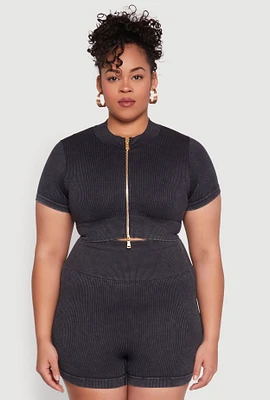 Womens Plus Daisy Mineral Wash Seamless Zip Front Top,