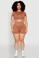 Womens Plus Daisy Mineral Wash Seamless Zip Front Top,