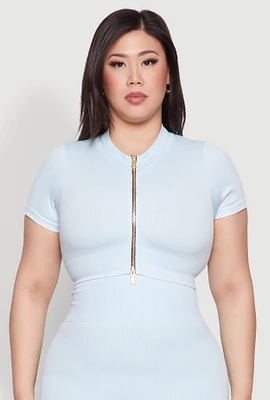 Womens Plus Daisy Mineral Wash Seamless Zip Front Top,