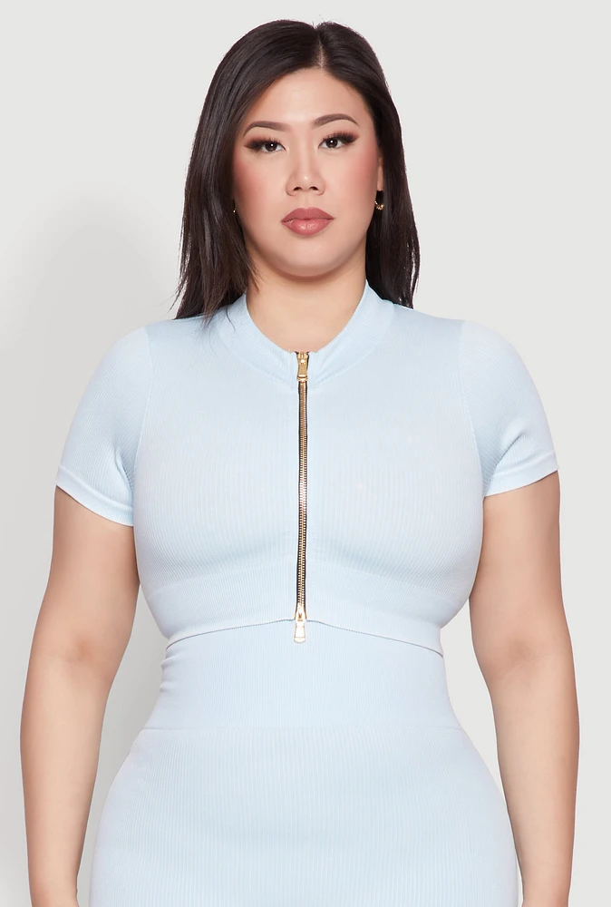 Womens Plus Daisy Mineral Wash Seamless Zip Front Top,