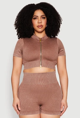 Womens Plus Daisy Mineral Wash Seamless Zip Front Top,