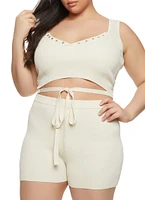 Womens Plus Size Daisy Tie Front Cropped Tank Top, Beige, Size 1X