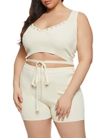 Womens Plus Size Daisy Tie Front Cropped Tank Top, Beige, Size 1X