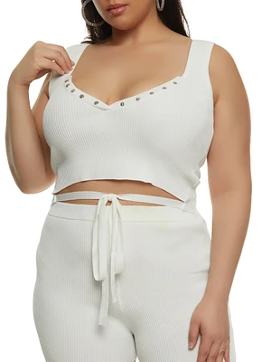 Womens Plus Size Daisy Tie Front Cropped Tank Top, White, Size 2X