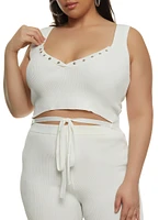 Womens Plus Size Daisy Tie Front Cropped Tank Top, White, Size 2X