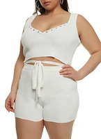Womens Plus Size Daisy Tie Front Cropped Tank Top, White, Size 2X