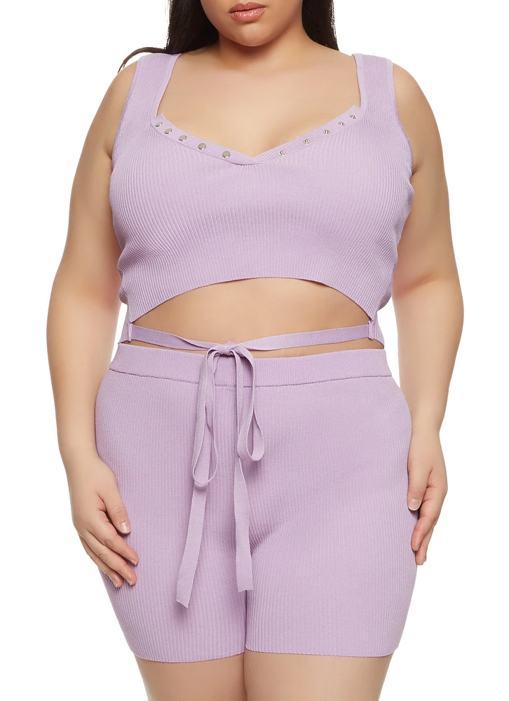 Womens Plus Size Daisy Tie Front Cropped Tank Top, Purple, Size 1X