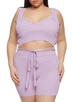 Womens Plus Size Daisy Tie Front Cropped Tank Top, Purple, Size 1X
