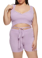 Womens Plus Size Daisy Tie Front Cropped Tank Top, Purple, Size 1X