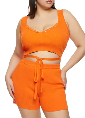Womens Plus Daisy Tie Front Cropped Tank Top, 1X