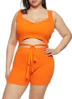 Womens Plus Daisy Tie Front Cropped Tank Top, 1X