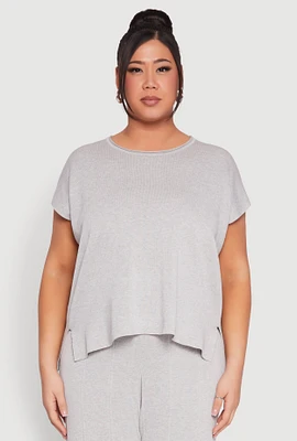 Womens Plus Size Daisy Knitted Crew Neck Top, Grey, Size 3X