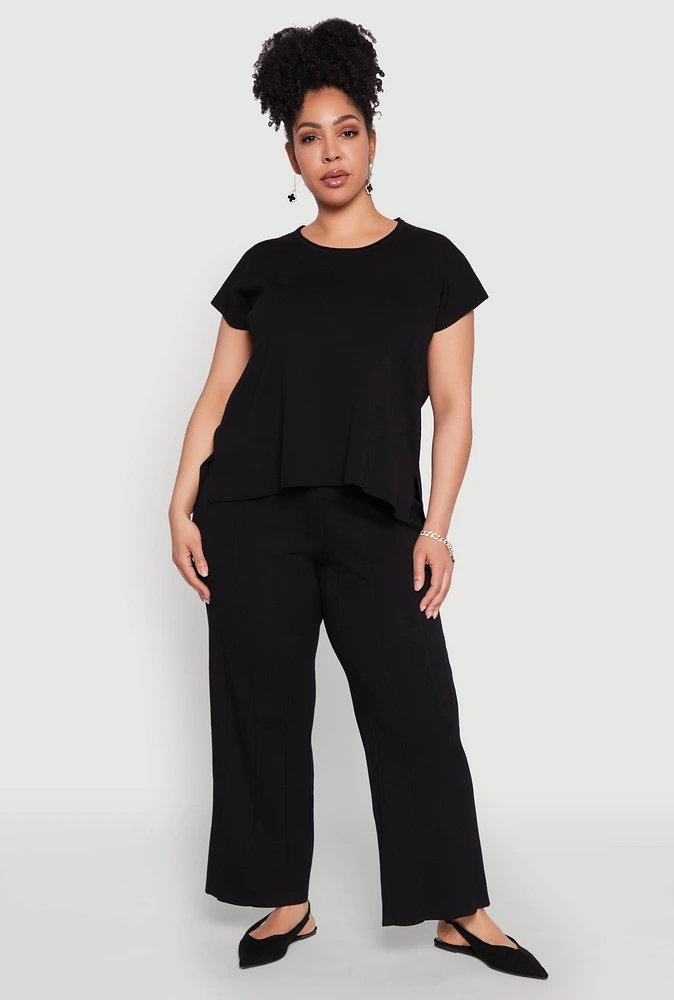 Womens Plus Daisy Knitted Pintuck Wide Leg Pants,