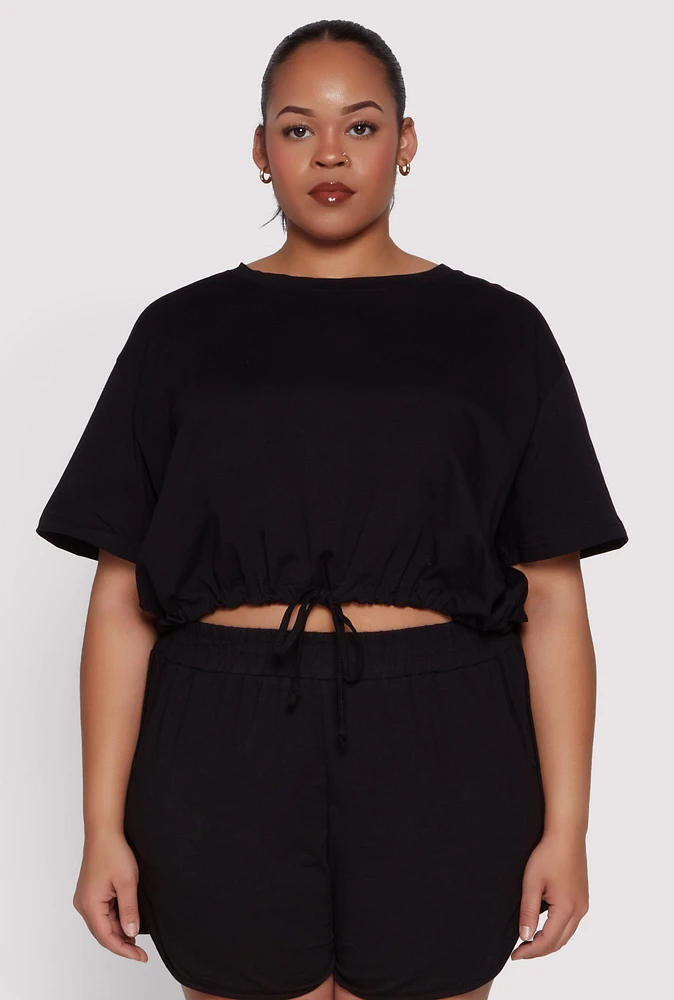 Womens Plus Size Daisy Drawstring Hem Crop Top, Black, Size 3X