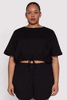 Womens Plus Size Daisy Drawstring Hem Crop Top, Black, Size 3X