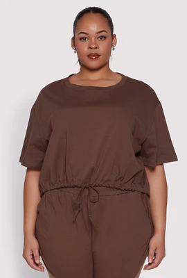 Womens Plus Daisy Drawstring Hem Crop Top, Brown,