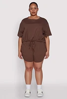 Womens Plus Daisy Drawstring Hem Crop Top, Brown,