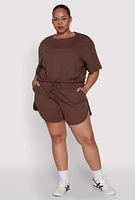 Womens Plus Daisy Drawstring Hem Crop Top, Brown,